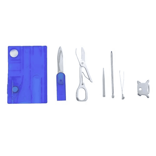 Survival card manufacturers: survival card tools and blue plastic case on a white background.